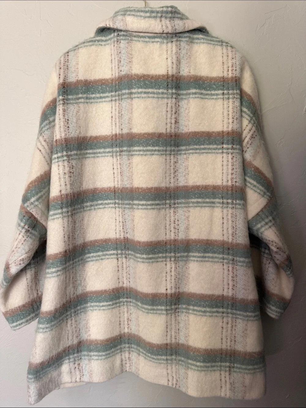 Anthropologie Cream Plaid Pea Coat with Blue-Green and Brown Stripes